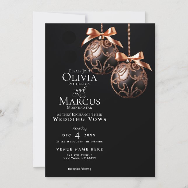 WEDDING | Winter Rose Gold Onyx Baubles  Invitation (Front)