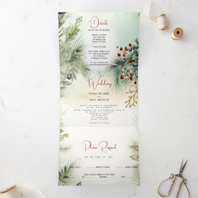 Wedding | Winter Watercolor Greenery  Tri-Fold Invitation (Inside)