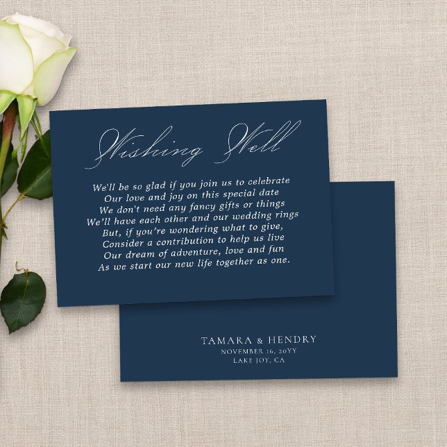 Wedding Wishing Well Calligraphy Script Navy Blue Enclosure Card (Elegant navy blue wedding wishing well card from my Wedding Colors collection)