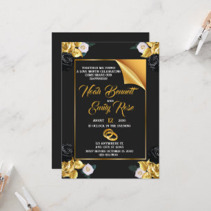 Wedding with roses and golden rings invitation