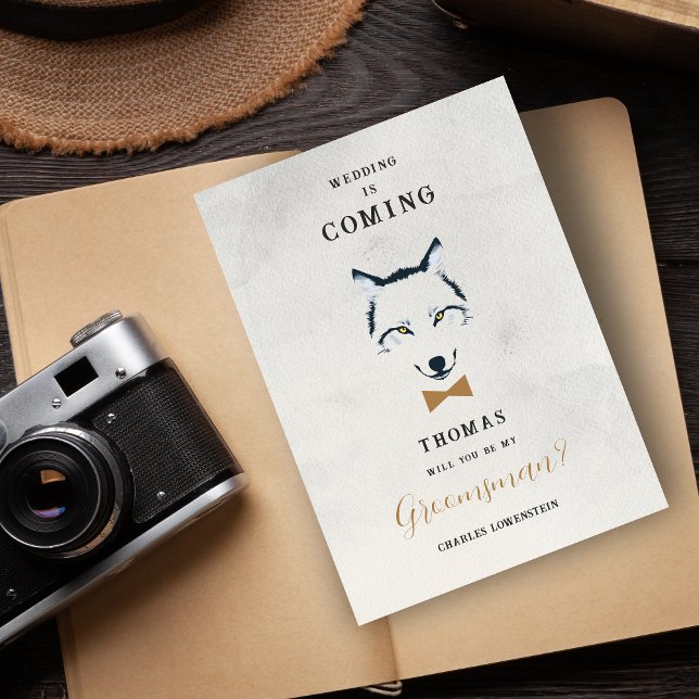 Wedding Wolf Groomsman Grey Shades Gold Bow Tie (Grey Shades Groomsman Proposal Card with Faux Gold Bow Tie Featuring Wedding Wolf Design.)