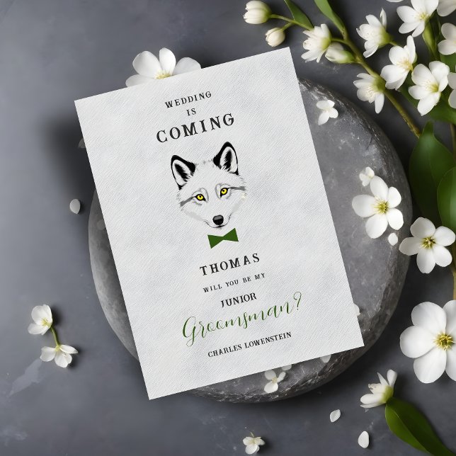 Wedding Wolf Jr Groomsman Grey Shades Green Bow  (Grey Shades Junior Groomsman Proposal Card with Green Bow Tie Featuring Wedding Wolf Design.)