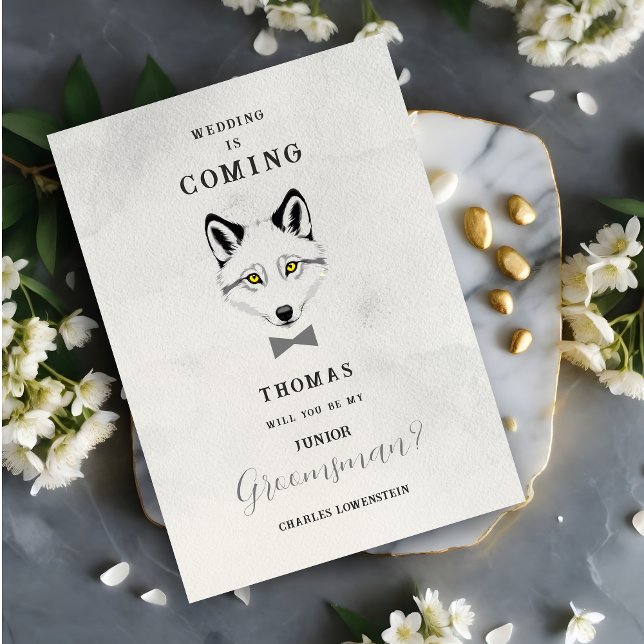Wedding Wolf JR Groomsman Grey Shades Grey Bow Tie (Grey Shades Junior Groomsman Proposal Card with Grey Bow Tie Featuring Wedding Wolf Design.)
