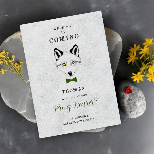 Wedding Wolf Ring Bearer Grey Shades Green Bow Tie (Grey Shades Ring Bearer Proposal Card with Green Bow Tie Featuring Wedding Wolf Design. )