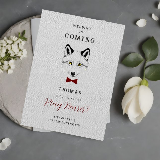 Wedding Wolf Ring Bearer Grey Shades Red Bow Tie (Grey Shades Ring Bearer Proposal Card with Red Bow Tie Featuring Wedding Wolf Design. )