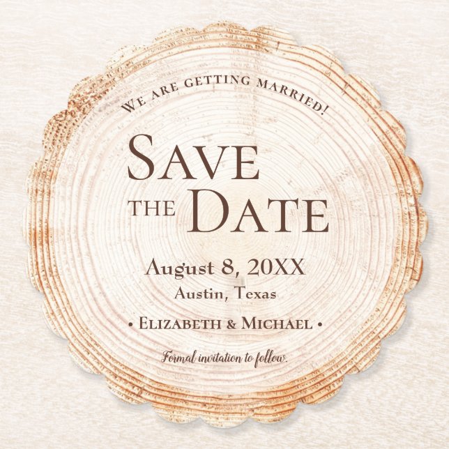 Wedding Wood cut slice tree bark save the date Paper Coaster (Front)