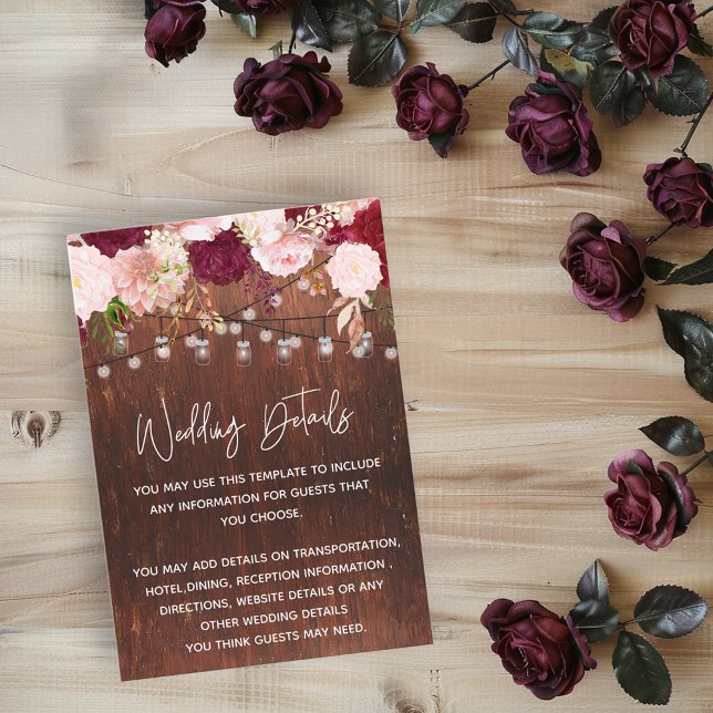 Wedding Wood Mason Jar Burgundy Details Reception Enclosure Card (Creator Uploaded)