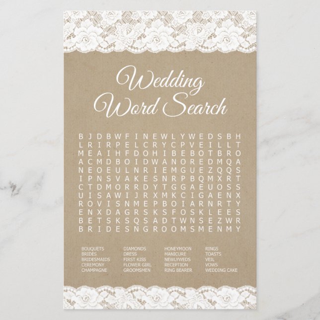 Wedding Word Search Rustic Lace Shower Game (Front)