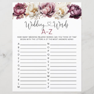 Wedding Words A-Z Bridal Shower Game Sheet