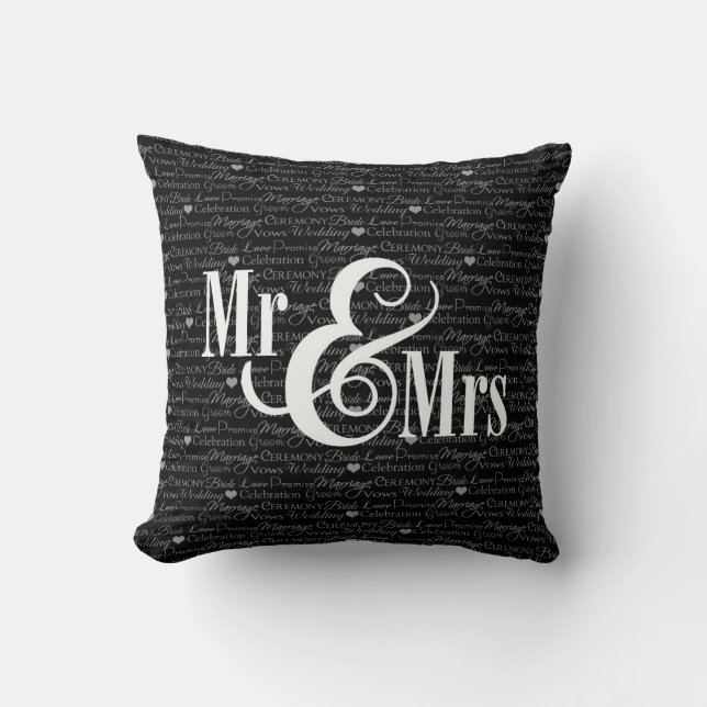 Wedding Words B&W "Mr & Mrs" pillow, personalised Cushion (Front)