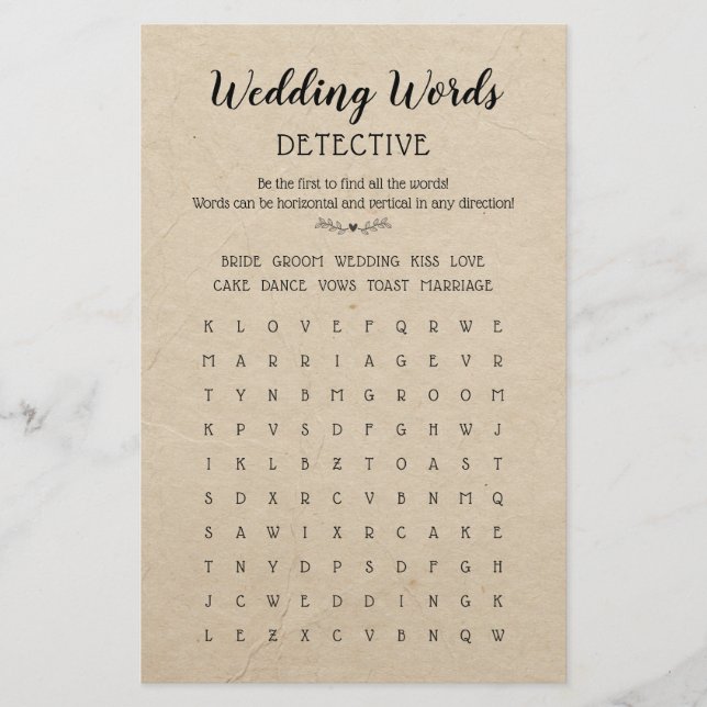 Wedding words Search Table Game Calligraphy Rustic (Front)