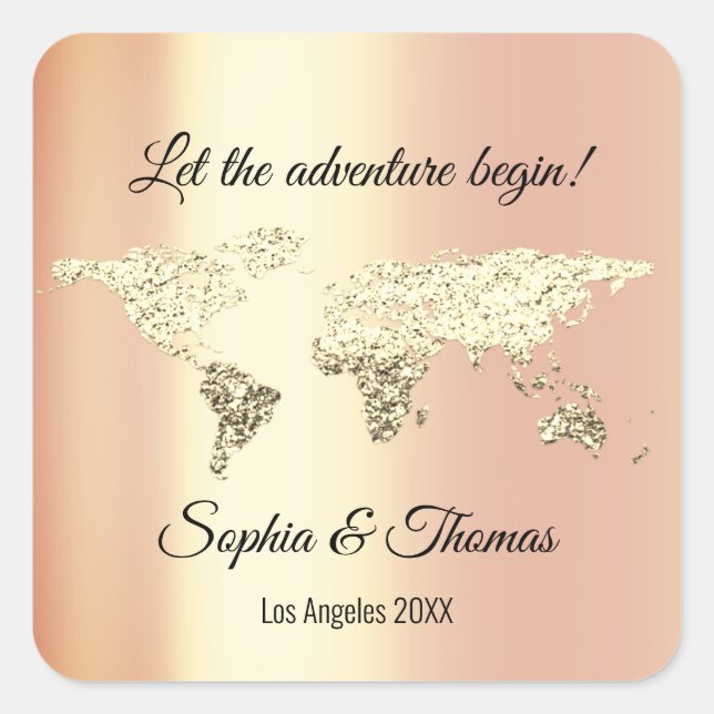 Wedding World Map Destination Golden Earth Coral Square Sticker (Front)
