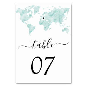 Wedding World Map Watercolor Removable Heart Table Number