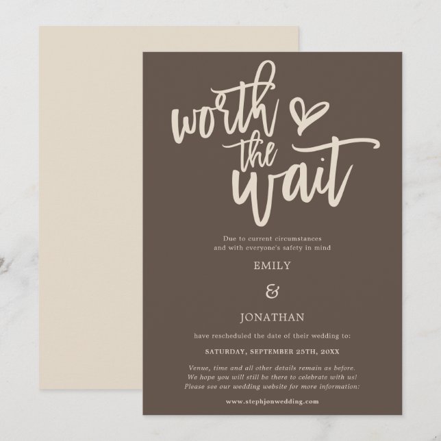 Wedding Worth the Wait Script Brown Cream Save The Date (Front/Back)