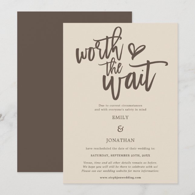 Wedding Worth the Wait Script Cream Brown Save The Date (Front/Back)