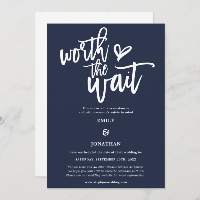Wedding Worth the Wait Script Navy White Save The Date (Front/Back)