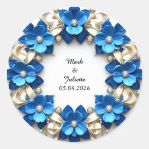 Wedding Wreath of Sparkling Blue Flowers Classic Round Sticker