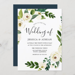 Wedding Wreath White Flower Green Leaf Invite