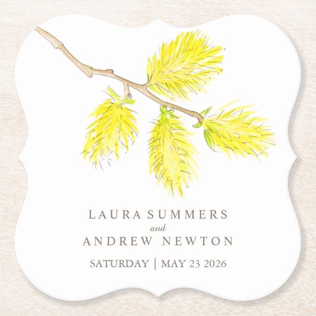 Wedding yellow catkins custom paper coasters (Front)