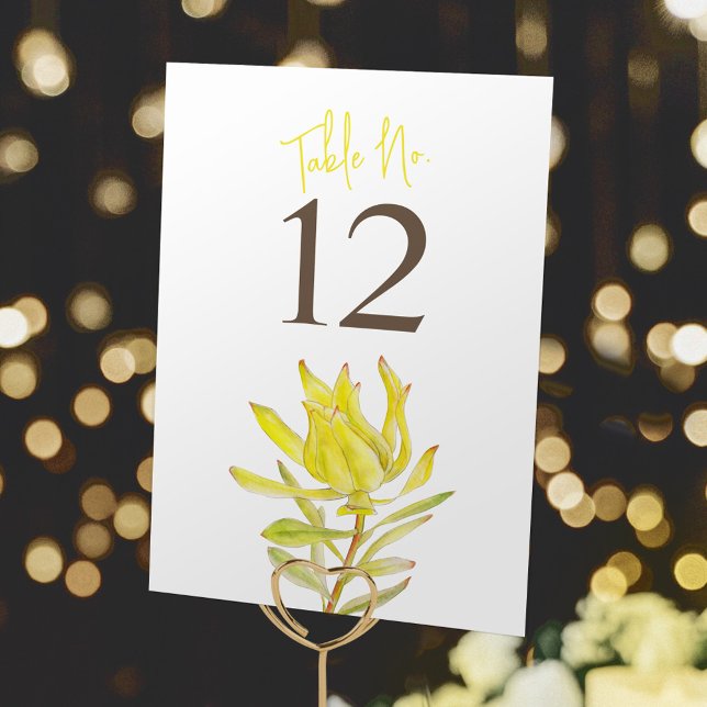 Wedding yellow leucadendron watercolor floral table number (Creator Uploaded)