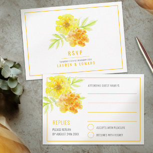 Wedding yellow marigold floral watercolor simple RSVP card