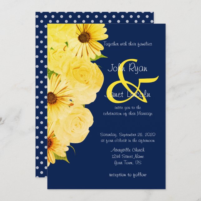 Wedding Yellow Roses & Daisies on Dark Blue Invitation (Front/Back)