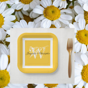 Wedding Yellow & White Chic Script Monogram Name  Paper Plate