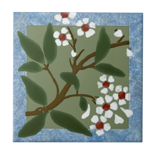 Wedgewood Blue Framed Blossoms Barbotine Repro Ceramic Tile (Front)