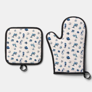 Wedgewood Blue Ocean Creatures! Oven Mitt & Pot Holder Set