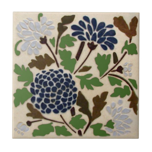 Wedgwood Blue Floral Slip Stenciled Repro Antique Ceramic Tile (Front)