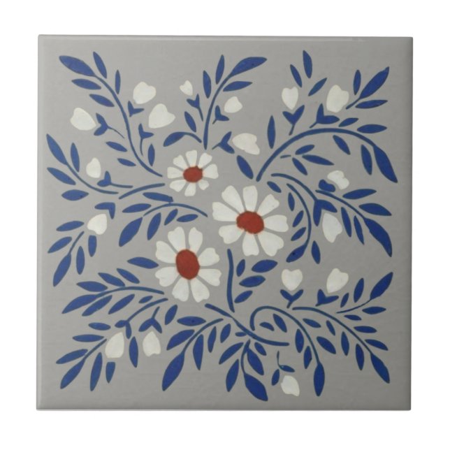 Wedgwood Gray Floral Stenciled Barbotine Repro Ceramic Tile (Front)