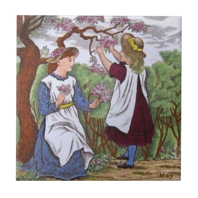 Wedgwood May Apple Blossoms Girls c1885 Repro Ceramic Tile (Front)