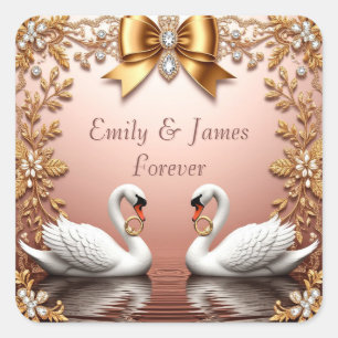 Weding Swan Couple Rings Rose Gold Romance Square Sticker