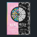 Wednesday Birthday Invitation<br><div class="desc">A vibrant graphic design features a circular stained-glass-like pattern divided in half,  one side with a colourful spiderweb design,  and the other side with a black and white spiderweb design,  against a backdrop of pink and black with decorative elements.</div>