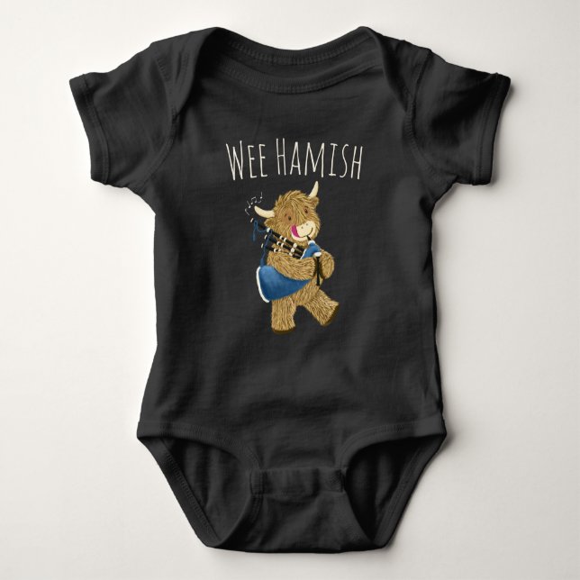Wee Hamish Highland Cow Playing Bagpipes Baby Bodysuit (Front)