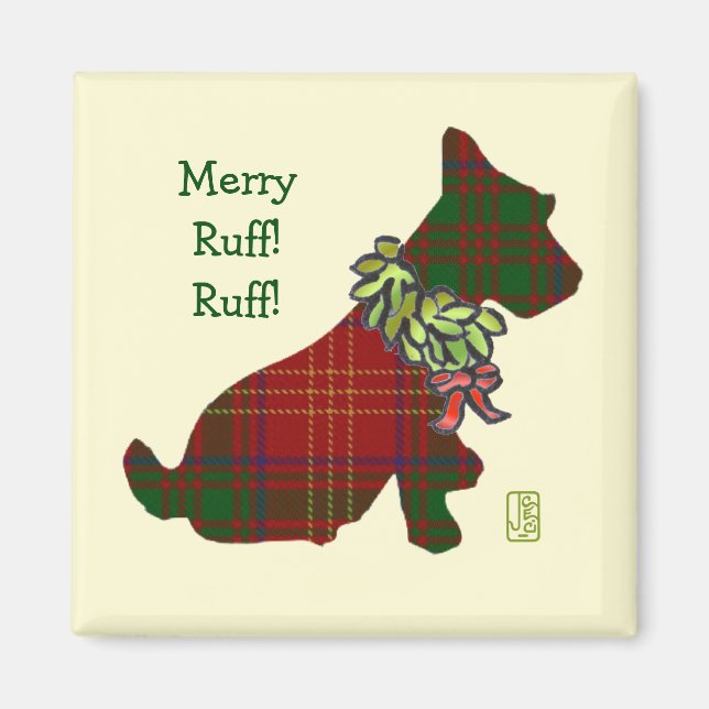Wee Scottie Dog Merry Ruff! Ruff! Holiday Magnet (Front)