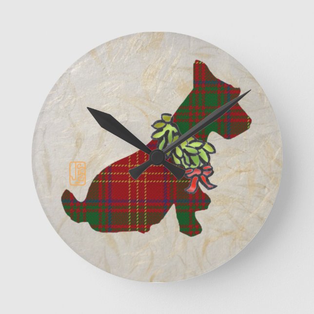 Wee Scottie Dog Merry Ruff! Ruff! Round Clock (Front)