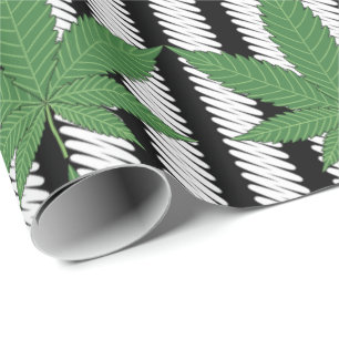 Weed Leaf Green on Black White Stripe Wrapping Paper