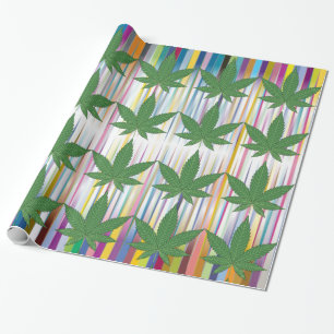 Weed Leaf Green on Colourful Prismatic Stripes Wra Wrapping Paper