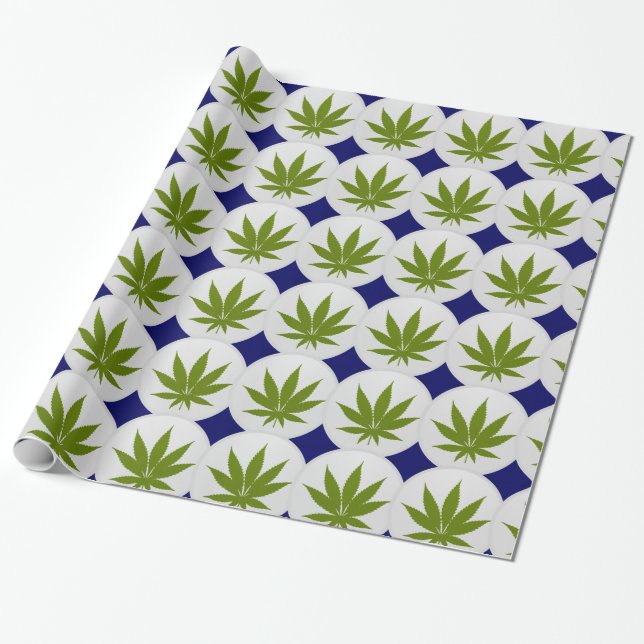 Weed Leaf on White and Midnight Blue Diamonds Wrapping Paper (Unrolled)