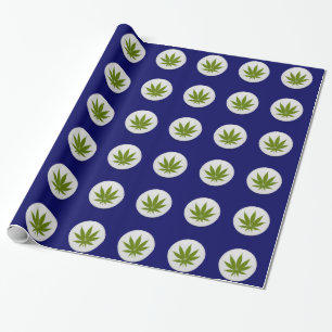 Weed Leaf on White Circles on Midnight Blue Wrapping Paper