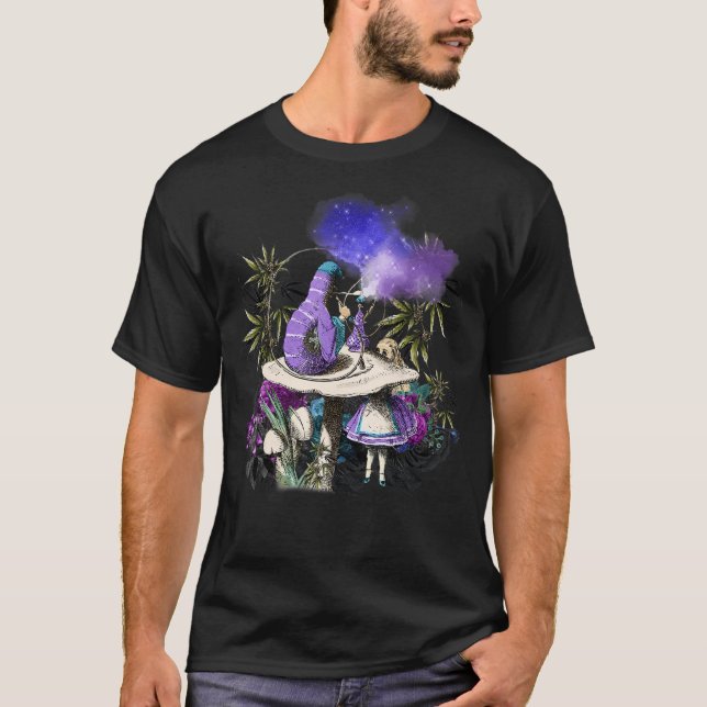 Weed smoking caterpillar and Alice In Wonderland T-Shirt (Front)