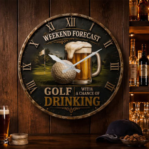 Weekend Forecast Golf Drinking Golfer Gift Large Clock