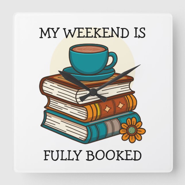 Weekend Fully Booked Book Lovers Square Wall Clock (Front)