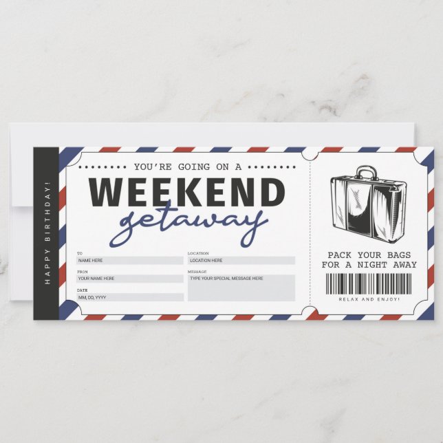 Weekend Getaway Gift Travel Ticket Voucher Invitation (Front)