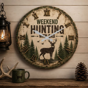 Weekend Hunting with Dad Rustic Deer Hunting Large Clock