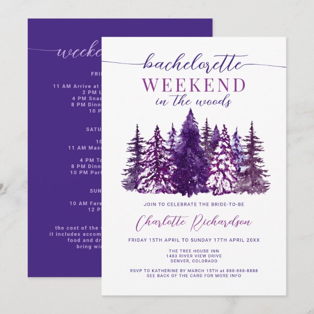 Weekend In The Woods Bachelorette Party Purple Invitation (Front/Back)