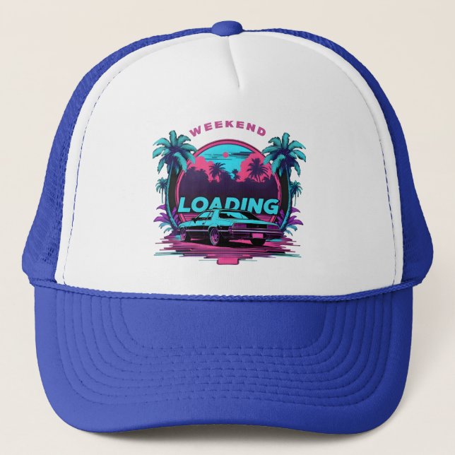 Weekend Loading Retro Sunset Trucker Hat – 80s Aes (Front)