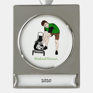 Weekend Warrior Funny Lawn Mowing Cartoon Silver Plated Banner Ornament