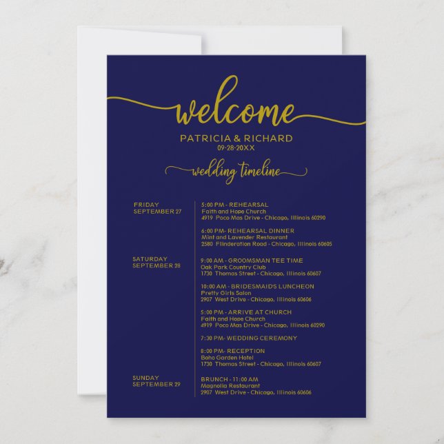 Weekend Wedding Schedule Elegant Gold Navy Blue Invitation (Front)